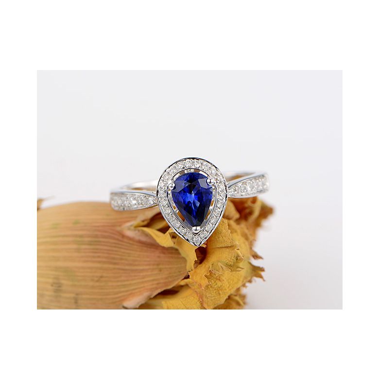 Anello Solitario Composto Jaffna - Oro Bianco, Diamanti & Zaffiro Pera - 3