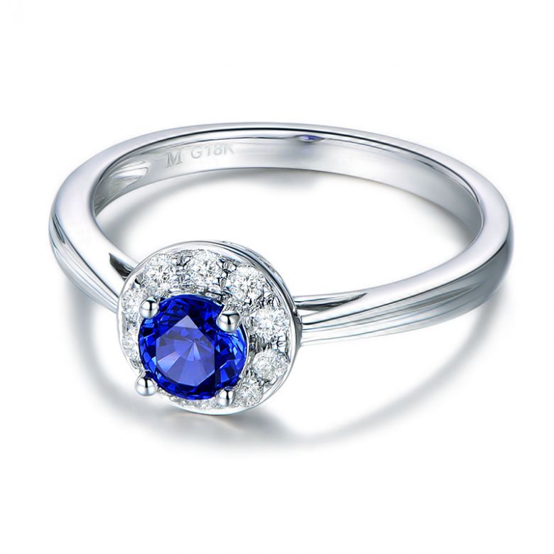 Anello Solitario Composto Kandy - Oro Bianco, Diamanti & Zaffiro Blu - 2