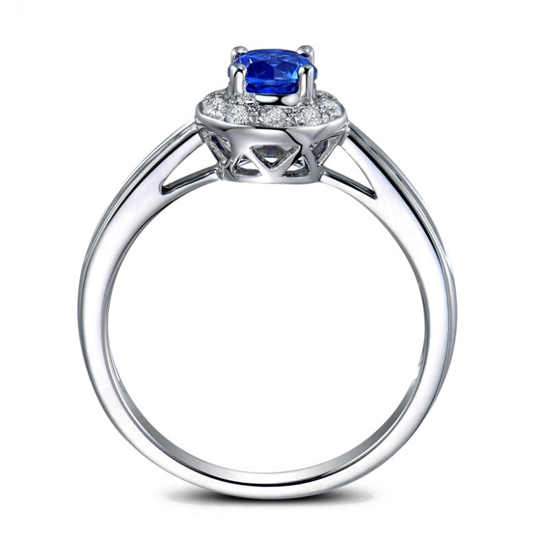 Anello Solitario Composto Kandy - Oro Bianco, Diamanti & Zaffiro Blu - 6