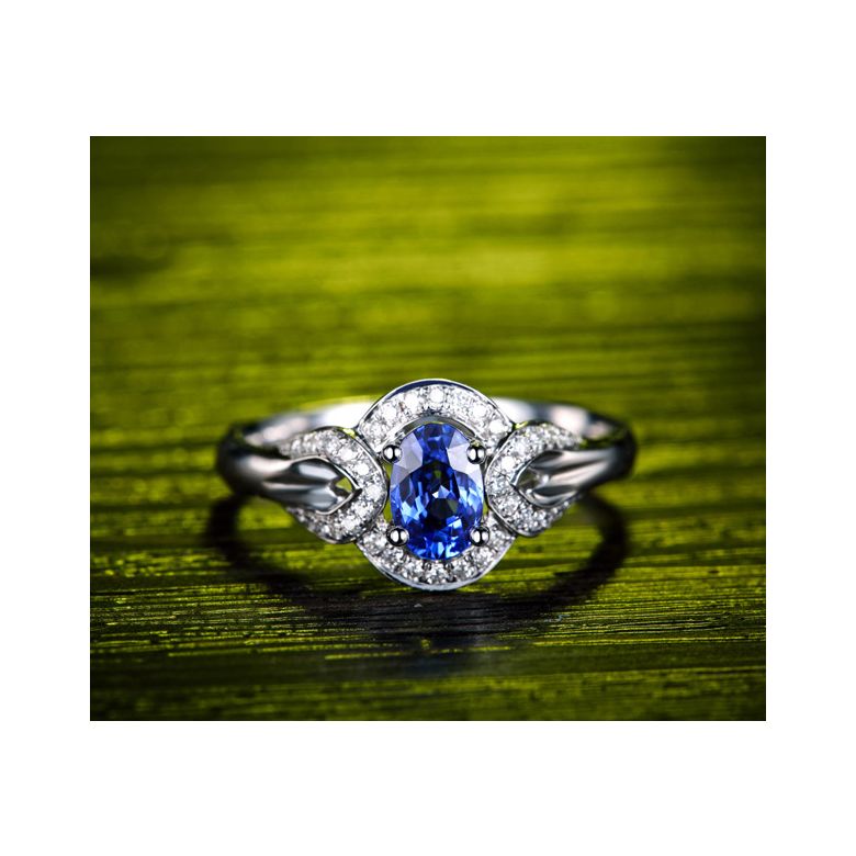 Solitario Composto Intrusion - Oro Bianco, Diamanti & Zaffiro Ovale - 4