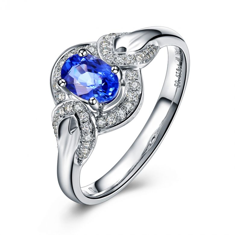 Solitario Composto Intrusion - Oro Bianco, Diamanti & Zaffiro Ovale - 5