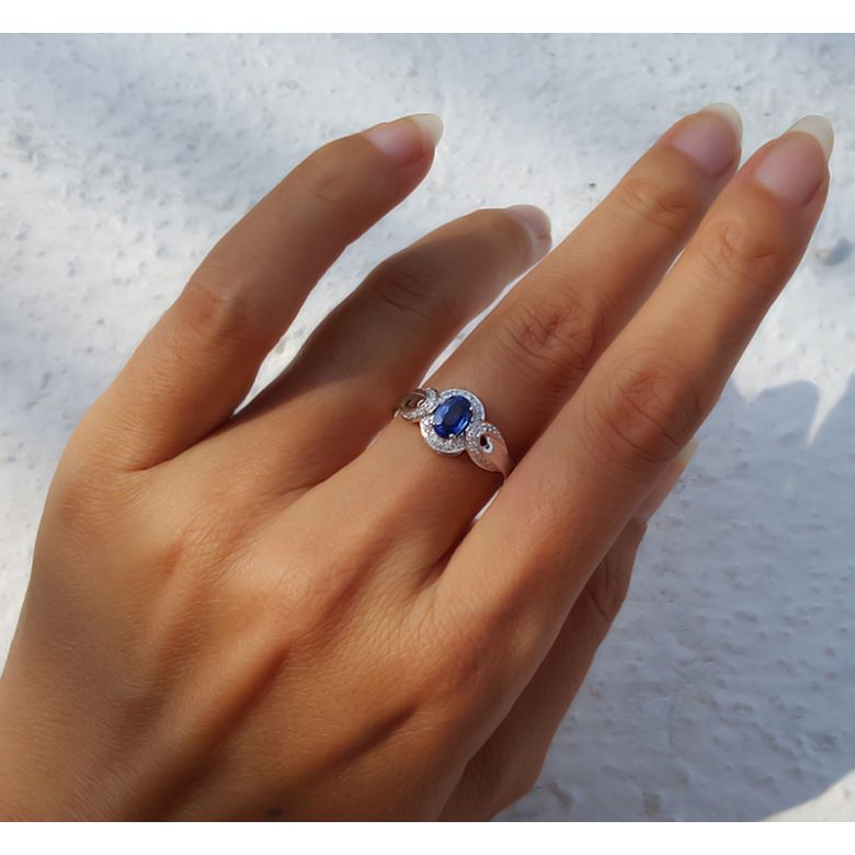 Solitario Composto Intrusion - Oro Bianco, Diamanti & Zaffiro Ovale - 3