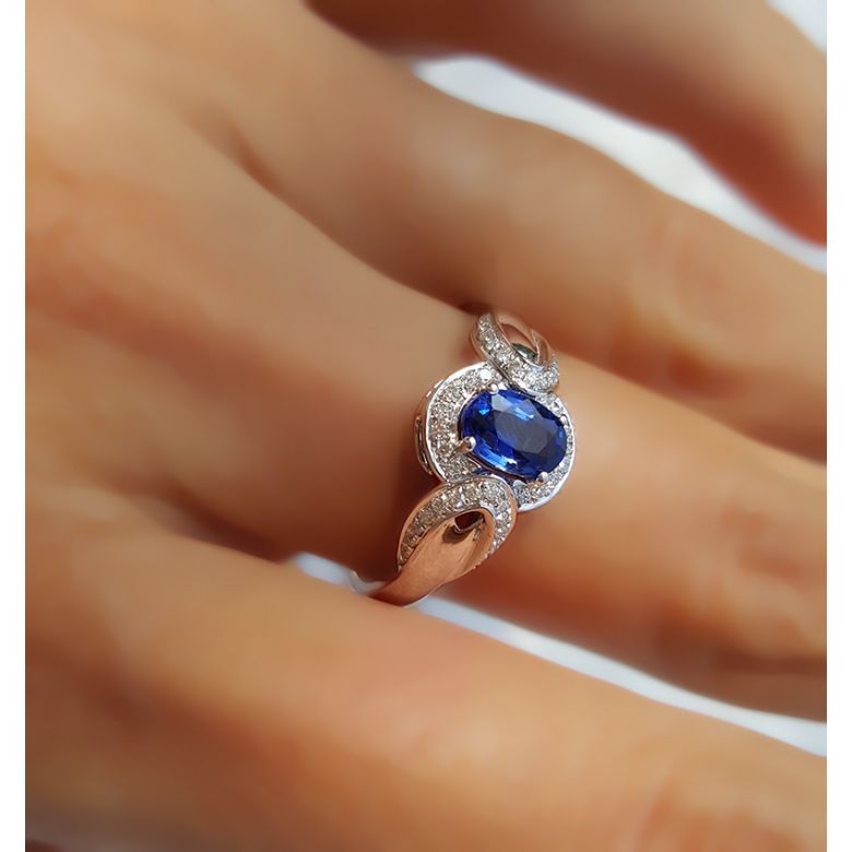 Solitario Composto Intrusion - Oro Bianco, Diamanti & Zaffiro Ovale - 6