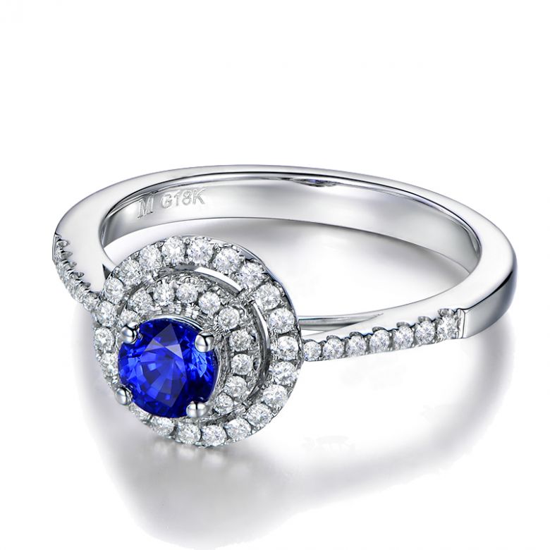 Anello Solitario Composto Mystic Blue - Oro Bianco, Diamanti & Zaffiro Blu - 7