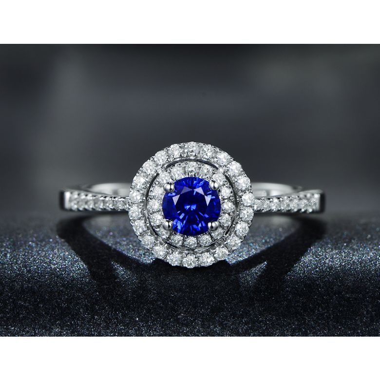 Anello Solitario Composto Mystic Blue - Oro Bianco, Diamanti & Zaffiro Blu - 10
