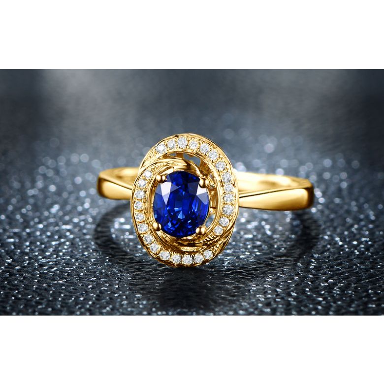 Solitario Sinharâja - Oro Giallo, Spirale di Diamanti & Zaffiro Ovale - 4