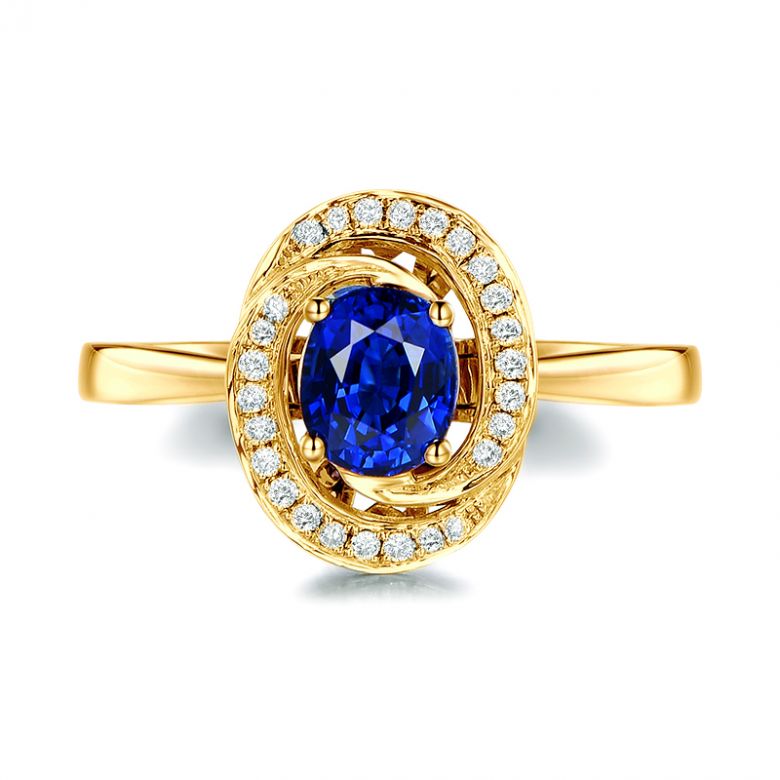 Solitario Sinharâja - Oro Giallo, Spirale di Diamanti & Zaffiro Ovale - 6