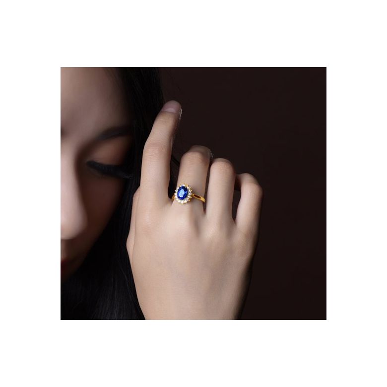 Solitario Composto Flora - Oro Giallo, Corona di Diamanti & Zaffiro Ovale - 2