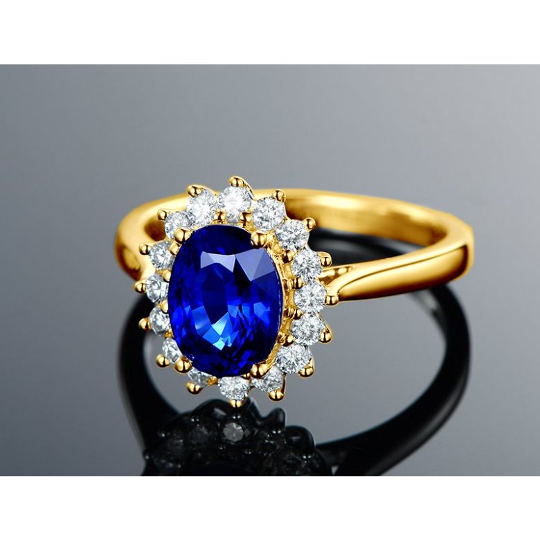 Solitario Composto Flora - Oro Giallo, Corona di Diamanti & Zaffiro Ovale - 5