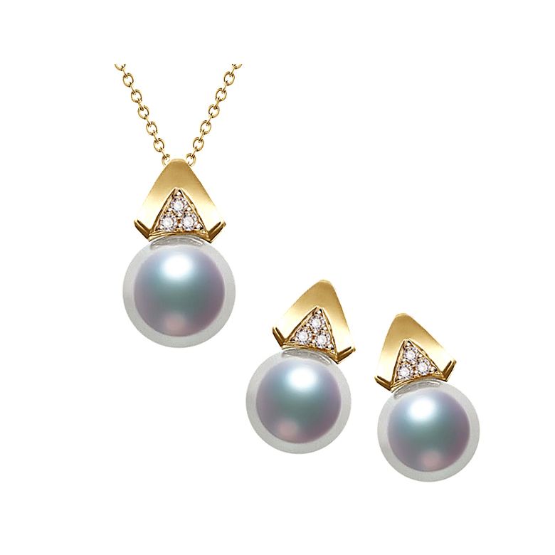 Ciondolo e Orecchini Tsuguka - Parure Oro Giallo & Perle Akoya - 1