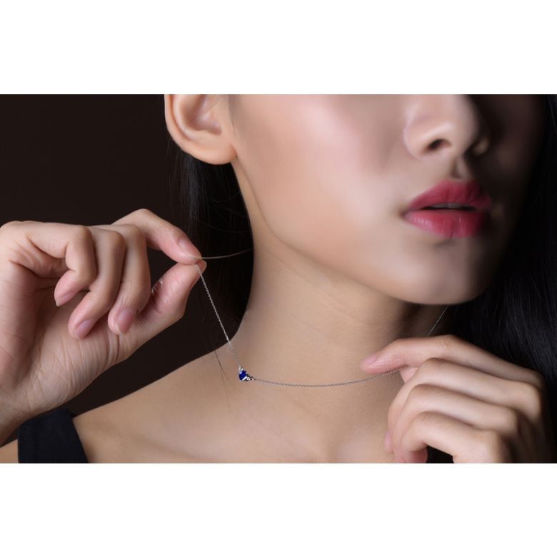 Collana Ciondolo cuore di Zaffiro e Diamante su Oro bianco - 2